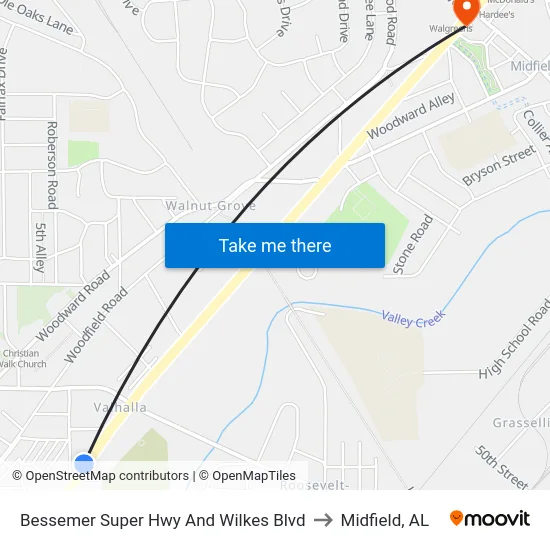 Bessemer Super Hwy And Wilkes Blvd to Midfield, AL map