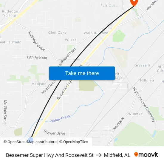 Bessemer Super Hwy And Roosevelt St to Midfield, AL map
