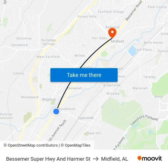 Bessemer Super Hwy And Harmer St to Midfield, AL map