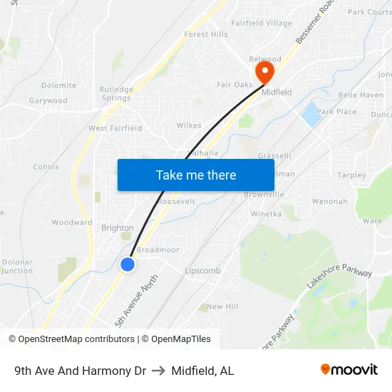 9th Ave And Harmony Dr to Midfield, AL map
