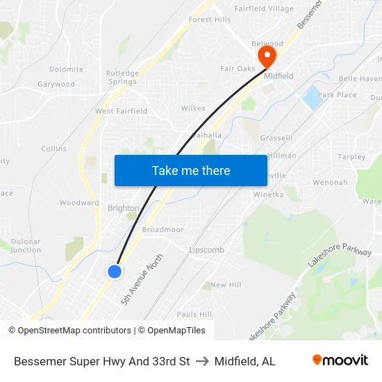 Bessemer Super Hwy And 33rd St to Midfield, AL map