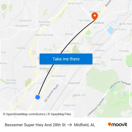 Bessemer Super Hwy And 28th St to Midfield, AL map