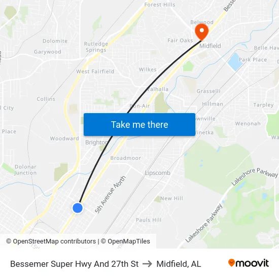 Bessemer Super Hwy And 27th St to Midfield, AL map