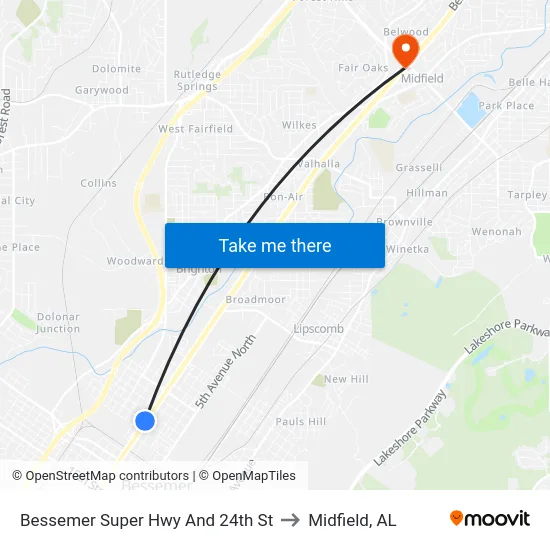 Bessemer Super Hwy And 24th St to Midfield, AL map