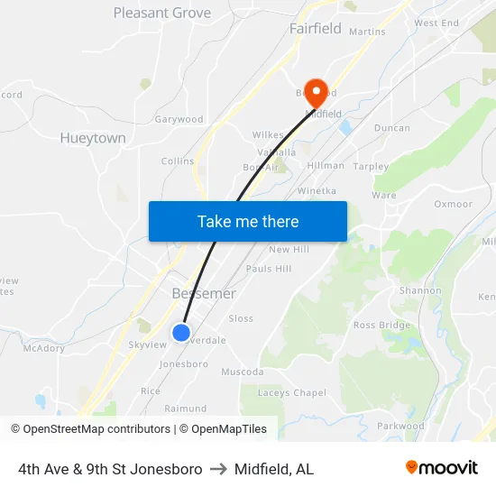 4th Ave & 9th St Jonesboro to Midfield, AL map