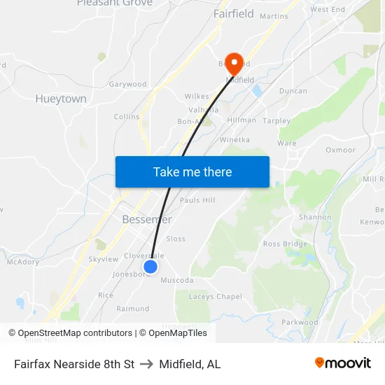 Fairfax Nearside 8th St to Midfield, AL map