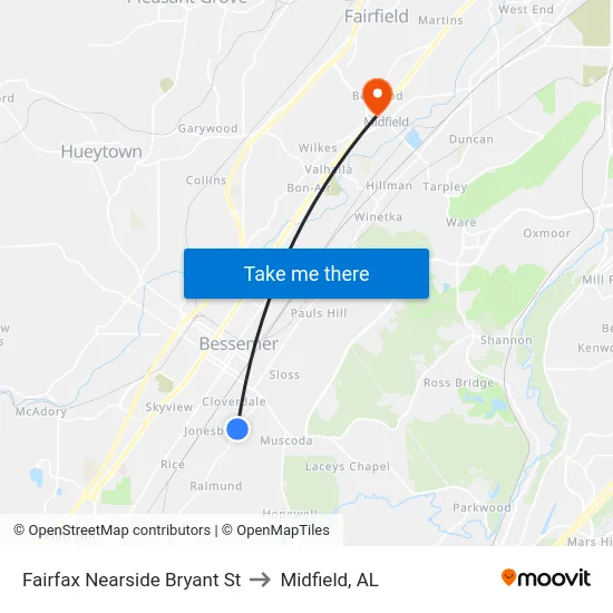 Fairfax Nearside Bryant St to Midfield, AL map