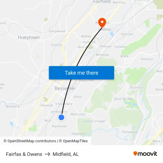 Fairfax & Owens to Midfield, AL map