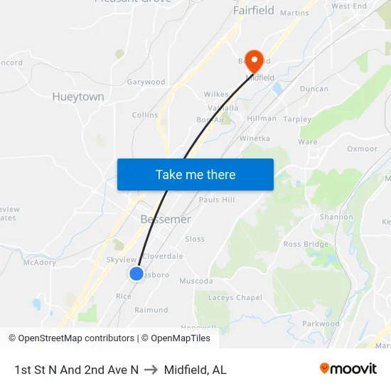 1st St N And 2nd Ave N to Midfield, AL map