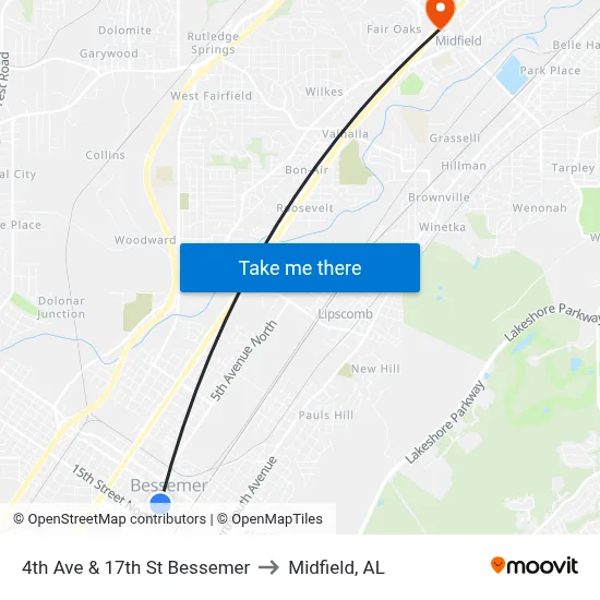 4th Ave & 17th St Bessemer to Midfield, AL map