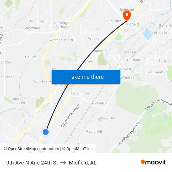 9th Ave N And 24th St to Midfield, AL map
