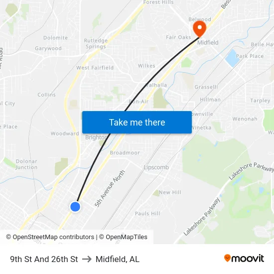 9th St And 26th St to Midfield, AL map