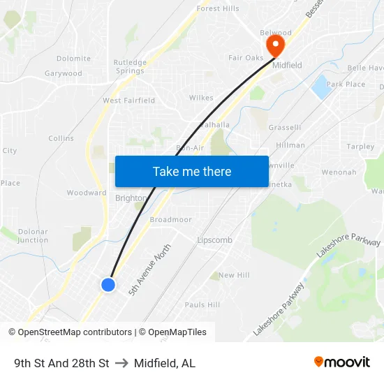 9th St And 28th St to Midfield, AL map