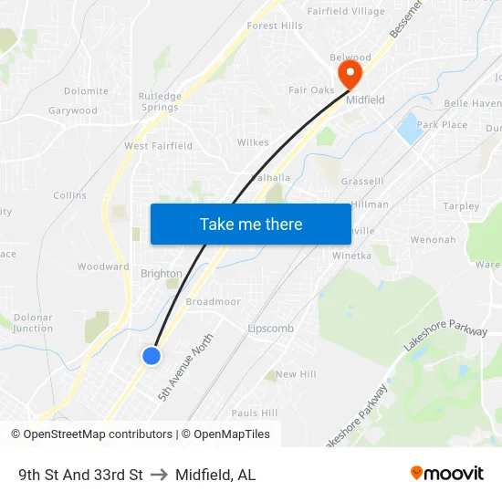 9th St And 33rd St to Midfield, AL map