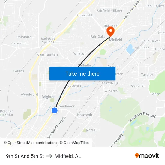 9th St And 5th St to Midfield, AL map