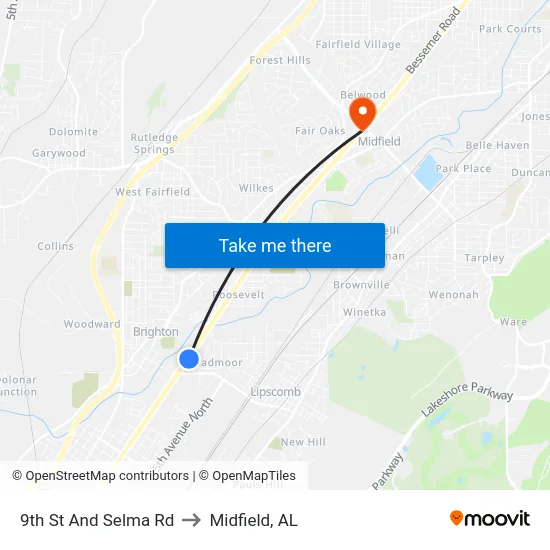 9th St And Selma Rd to Midfield, AL map