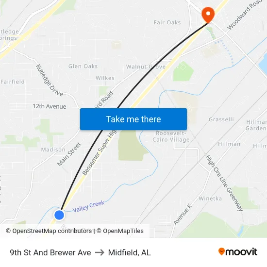 9th St And Brewer Ave to Midfield, AL map