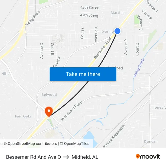Bessemer Rd And Ave O to Midfield, AL map