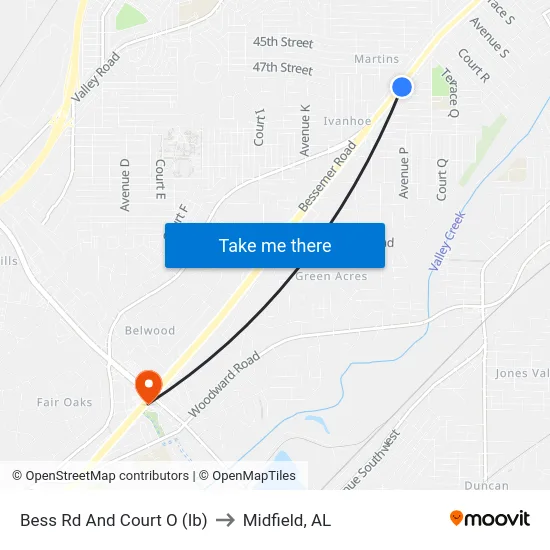 Bess Rd And Court O (Ib) to Midfield, AL map