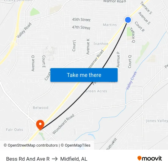 Bess Rd And Ave R to Midfield, AL map