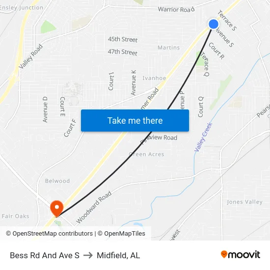 Bess Rd And Ave S to Midfield, AL map