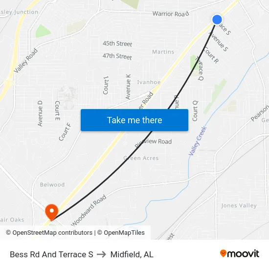 Bess Rd And Terrace S to Midfield, AL map