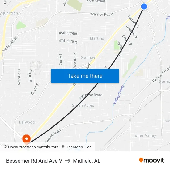 Bessemer Rd And Ave V to Midfield, AL map