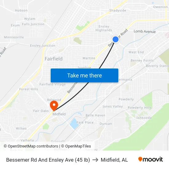 Bessemer Rd And Ensley Ave (45 Ib) to Midfield, AL map