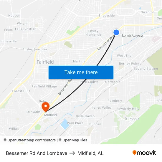 Bessemer Rd And Lombave to Midfield, AL map