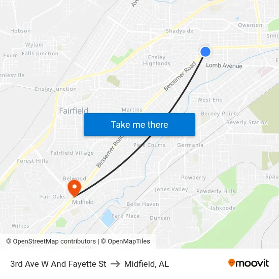 3rd Ave W And Fayette St to Midfield, AL map