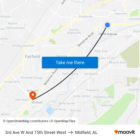 3rd Ave W And 15th Street West to Midfield, AL map