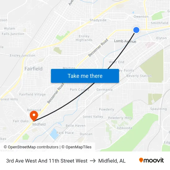 3rd Ave West And 11th Street West to Midfield, AL map