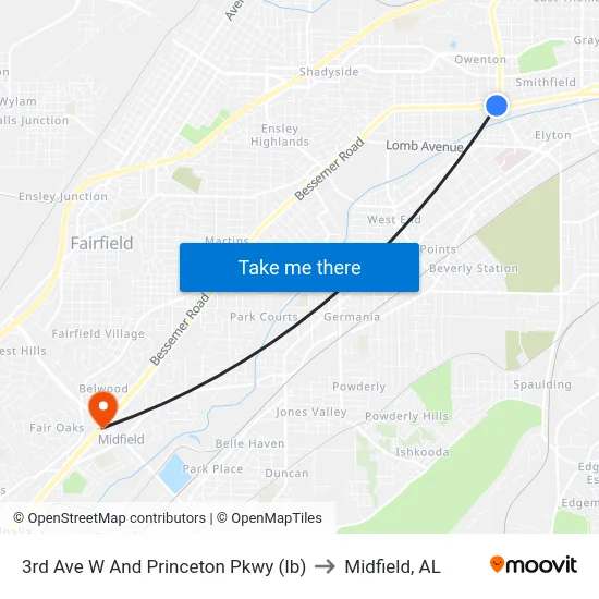 3rd Ave W And Princeton Pkwy (Ib) to Midfield, AL map