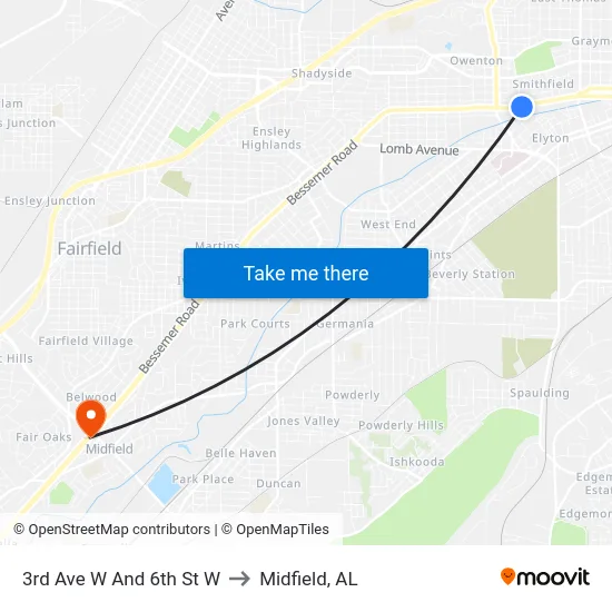 3rd Ave W And 6th St W to Midfield, AL map