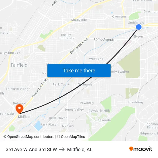 3rd Ave W And 3rd St W to Midfield, AL map