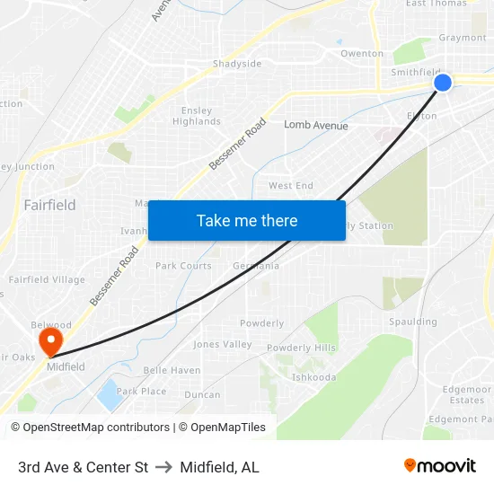 3rd Ave & Center St to Midfield, AL map