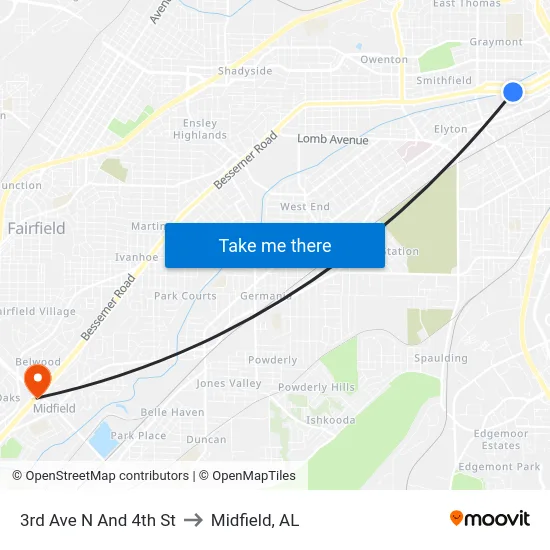 3rd Ave N And 4th St to Midfield, AL map