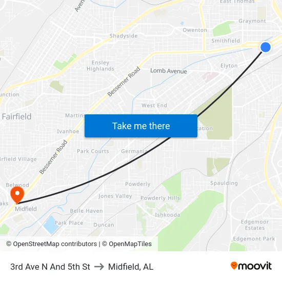 3rd Ave N And 5th St to Midfield, AL map