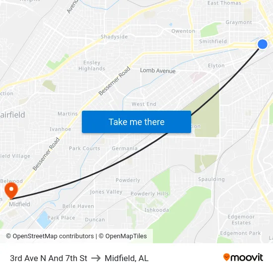 3rd Ave N And 7th St to Midfield, AL map