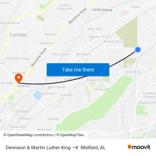 Dennison & Martin Luther King to Midfield, AL map