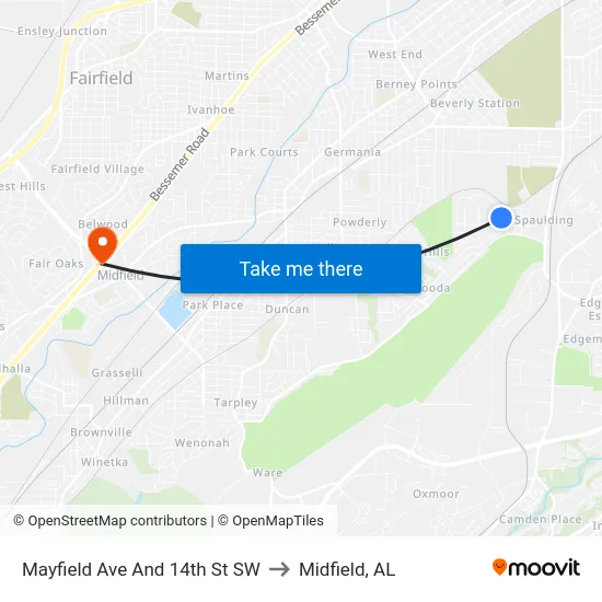 Mayfield Ave And 14th St SW to Midfield, AL map