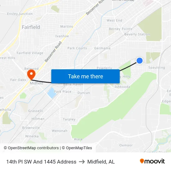 14th Pl SW And 1445 Address to Midfield, AL map