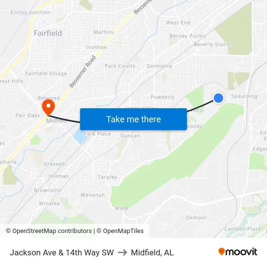 Jackson Ave & 14th Way SW to Midfield, AL map