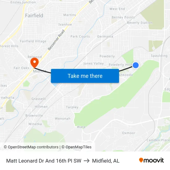 Matt Leonard Dr And 16th Pl SW to Midfield, AL map