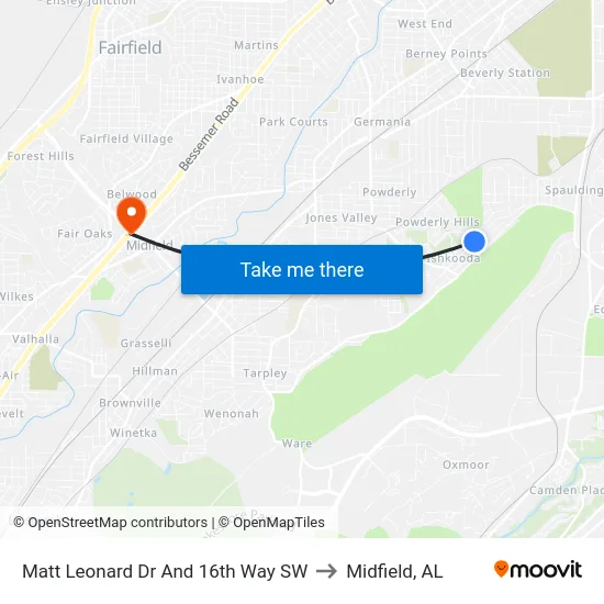 Matt Leonard Dr And 16th Way SW to Midfield, AL map