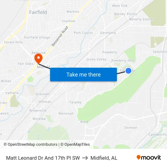 Matt Leonard Dr And 17th Pl SW to Midfield, AL map