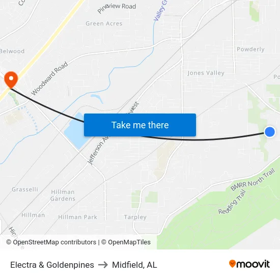 Electra & Goldenpines to Midfield, AL map