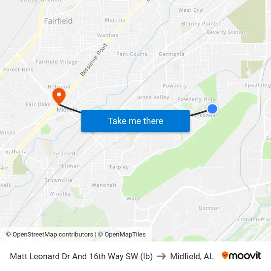 Matt Leonard Dr And 16th Way SW (Ib) to Midfield, AL map