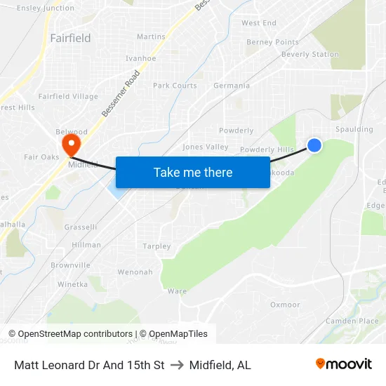 Matt Leonard Dr And 15th St to Midfield, AL map