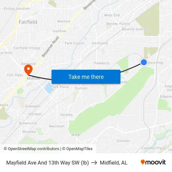Mayfield Ave And 13th Way SW (Ib) to Midfield, AL map